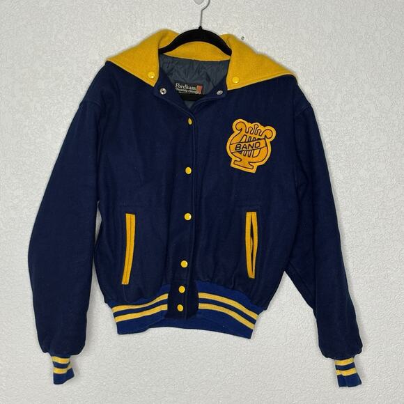 Vintage 80’s Varsity Jacket Wool Cape Collar Split Hood Band Blue Gold Size L - Picture 2 of 5